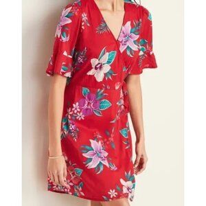 Old Navy | XXL Red Tropical Floral Short Bell Sleeve Wrap Dress Tie Rayon 2XL